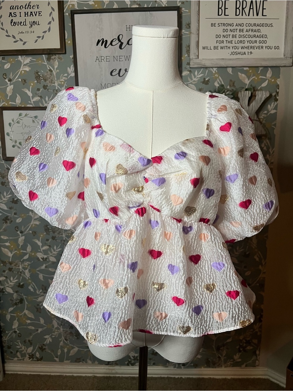 Buddy Love White Heart Print Puff Sleeve Sweetheart Top XS